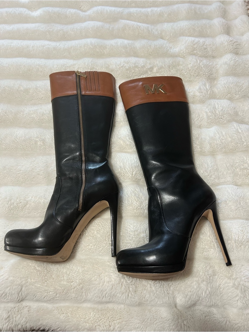 Michael Kors Black and Tan Leather Platform Stiletto Boots